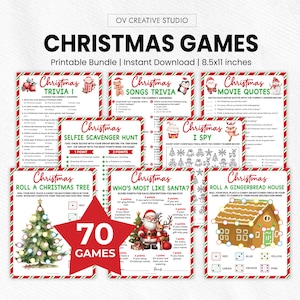 May include: A printable Christmas games bundle featuring trivia, scavenger hunts, and other festive activities. The bundle includes 70 games, with colorful designs and various game types. The games are designed for instant download and are 8.5x11 inches.