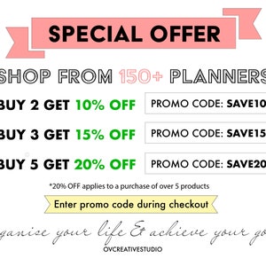 Op de afbeelding: Roze en groene grafiek met de tekst "SPECIAL OFFER" in zwart. De tekst "SHOP FROM 150+ PLANNERS" is ook in zwart. De grafiek geeft kortingen voor het kopen van 2, 3 of 5 planners met bijbehorende promocodes: SAVE10, SAVE15 en SAVE20. De tekst "*20% OFF applies to a purchase of over 5 products" is in zwart. De tekst "Enter promo code during checkout" is in zwart. De tekst "Organise your life & achieve your goals" is in zwarte cursieve letters. De tekst "OVCREATIVESTUDIO" is in zwart.