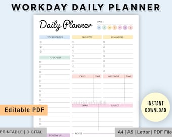 Editierbarer Tagesplaner | Druckbar, Digital | Alltag | Workday Planner | Täglicher Büroplaner | Tägliche To Do Liste, Tägliche Checkliste PDF