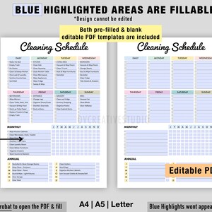May include: A printable cleaning schedule with daily, weekly, monthly, and annual tasks. The schedule is divided into sections for each day of the week, and includes a calendar grid for monthly and annual tasks. The document is available in both pre-filled and blank editable PDF formats.