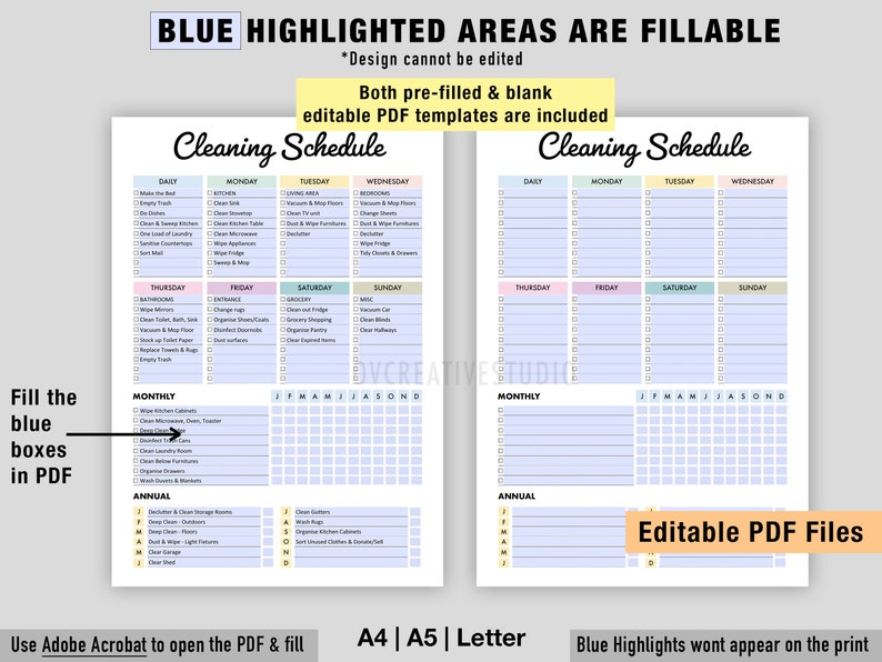 May include: A printable cleaning schedule with daily, weekly, monthly, and annual tasks. The schedule is divided into sections for each day of the week, and includes a calendar grid for monthly and annual tasks. The document is available in both pre-filled and blank editable PDF formats.