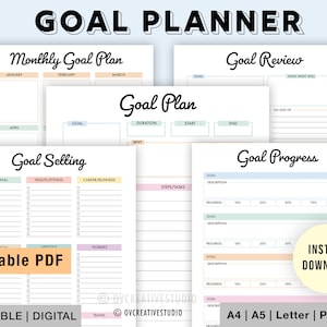 May include: Printable goal planner with sections for monthly goal planning, goal setting, goal plan, goal progress, and goal review. The planner is in a pastel color scheme with light blue, pink, yellow, and green accents. The text "Editable PDF" is in a white box with a pink border. The text "Printable | Digital" is in a white box with a light blue border. The text "A4 | A5 | Letter | PDF Files" is in a white box with a light blue border.