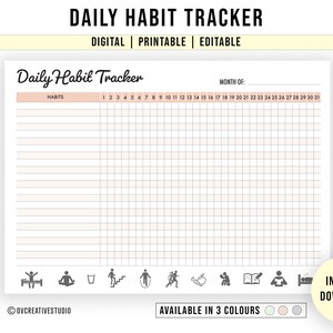 May include: A printable daily habit tracker with a peach background and a grid for marking off daily habits. The tracker includes icons for sleep, meditation, hydration, exercise, running, healthy eating, reading, and studying. The text "DAILY HABIT TRACKER" is at the top of the page, and the text "MONTH OF:" is at the top of the grid. The text "AVAILABLE IN 3 COLOURS" is at the bottom of the page, with three color swatches.