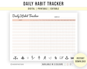 Daily Habit Tracker Printable, Editable/Fillable, Digital | Goal Planner | Routine Habit Tracking | PDF Files | 3 Colours [A4, A5, Letter]