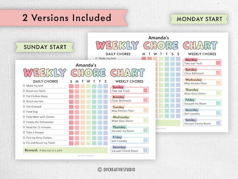 May include: A printable chore chart for kids with a rainbow color scheme. The chart includes daily chores like making the bed, brushing teeth, and putting clothes away, as well as weekly chores like taking out the trash, cleaning the bathroom, and vacuuming the room. The chart has a reward section that says "A day out at a park".