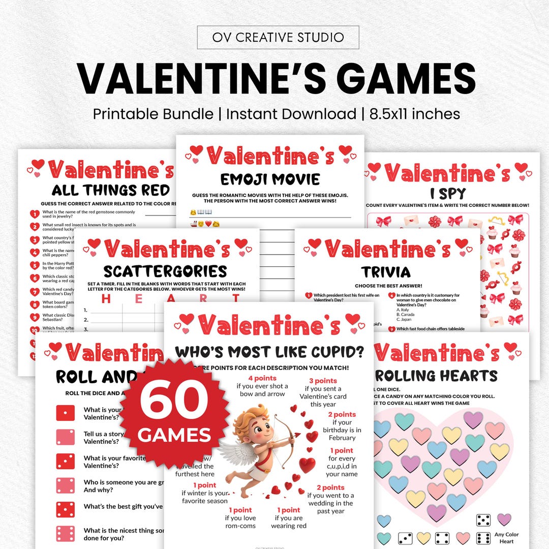 Valentine's Day Printable Games Bundle | Valentine's Party Games for ...