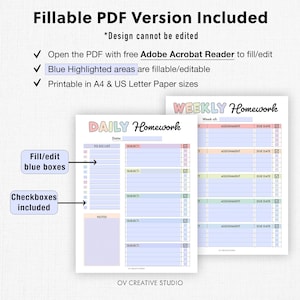 May include: Two printable homework planners, one daily and one weekly, with fillable blue boxes and checkboxes. The text includes "Fillable PDF Version Included" and "Blue Highlighted areas are fillable/editable". The planners are designed to be printed on A4 and US Letter paper.