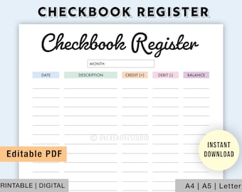 Editable Checkbook Register | Transaction Register | Check Register Pages | Checkbook Register Printable | Checkbook Register Template PDF