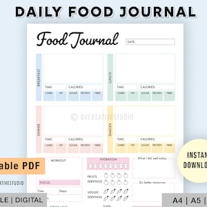 May include: Printable daily food journal template in PDF format. The journal includes sections for breakfast, lunch, dinner, snacks, hydration, and workout. It also includes a section for tracking calories, carbs, fat, sugar, protein, and fiber.