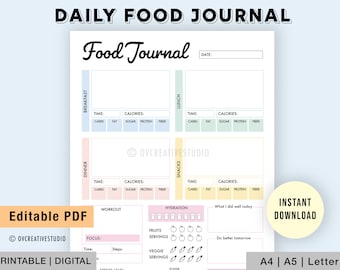 May include: Printable daily food journal template in PDF format. The journal includes sections for breakfast, lunch, dinner, snacks, hydration, and workout. It also includes a section for tracking calories, carbs, fat, sugar, protein, and fiber.