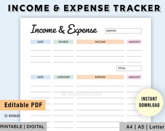 Rastreador de ingresos y gastos editable / Registrador mensual de ingresos y gastos / Rastreador de ingresos imprimible / Registro de gastos / Rastreador de gastos, Registro