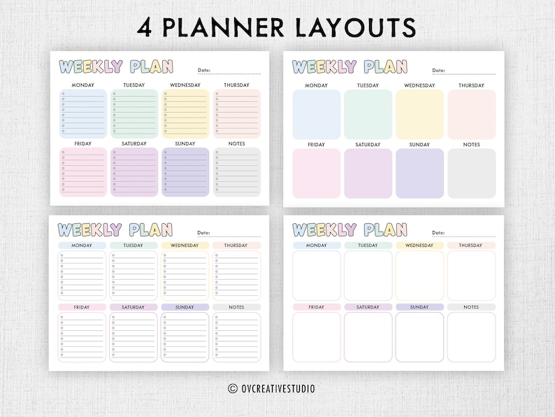 Puede incluir: Cuatro dise&ntilde;os de planificadores semanales imprimibles en colores pastel. Cada dise&ntilde;o presenta un dise&ntilde;o diferente con secciones para del lunes al domingo, notas y un campo de fecha.