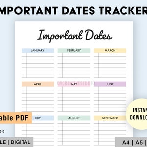 Editable Important Dates Printable | Birthdays, Anniversaries, Holidays, Events, Parties, Appointments Tracker | Yearly Important Dates Page