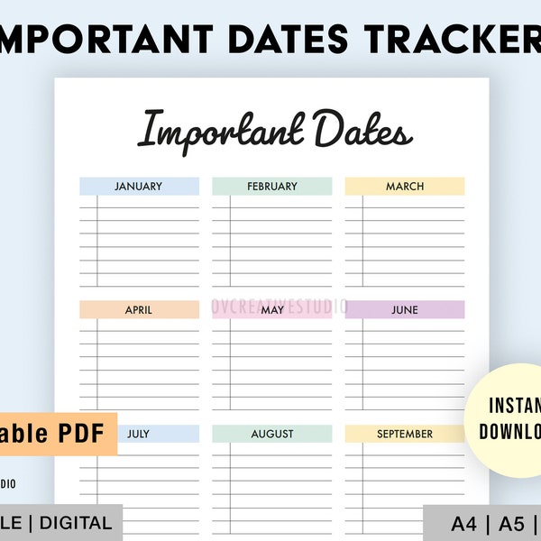 Editable Important Dates Printable | Birthdays, Anniversaries, Holidays, Events, Parties, Appointments Tracker | Yearly Important Dates Page