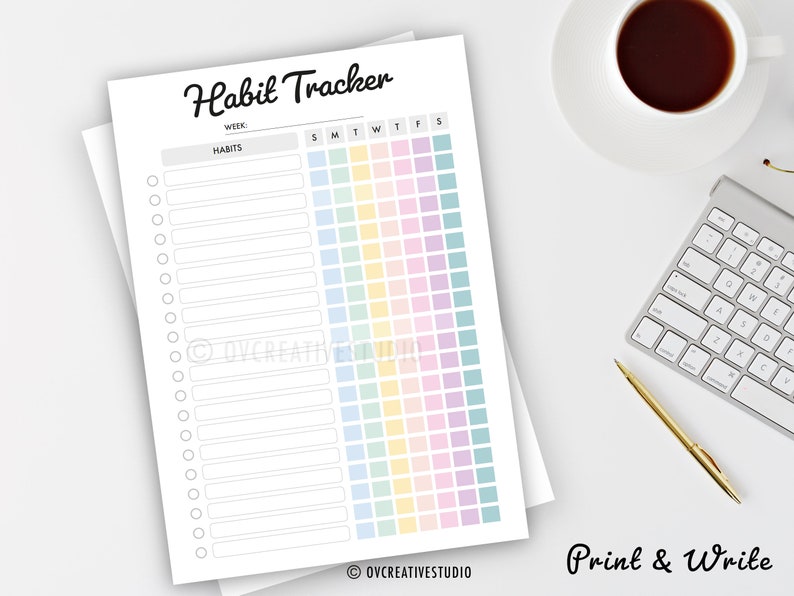 May include: A printable habit tracker with a colourful rainbow design. The tracker has a section for the week number and a list of habits to track. The days of the week are labelled S, M, T, W, T, F, S. The tracker is designed to be printed and used to track daily habits.