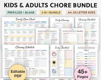 Editable Kids Chore Chart & Cleaning Schedule Bundle | Reward, Allowance, Screen time, School Routine, Behavior | Weekly Cleaning Checklist