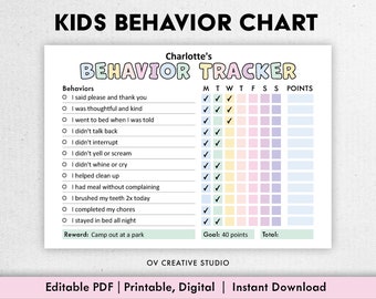 Behavior Reward Chart for Kids | Printable, Editable, Digital PDF | Good Behavior Tracking, Children Behavior Chart, Home, Classroom