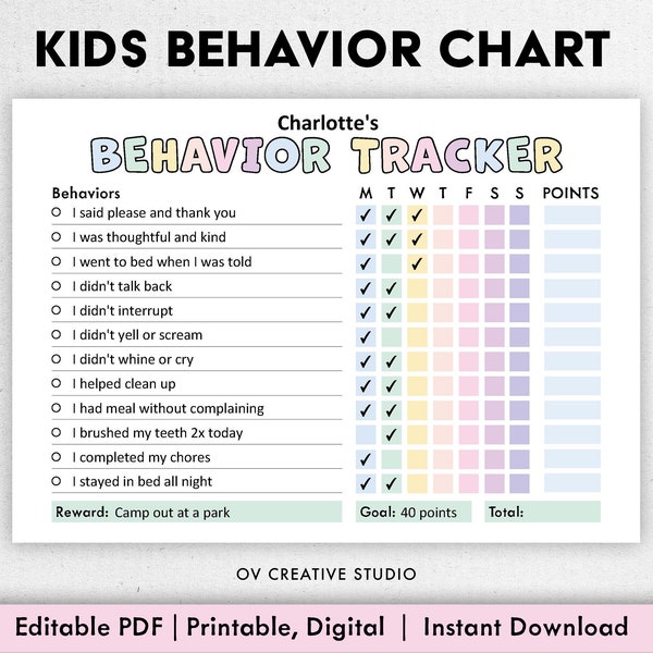 Behavior Reward Chart for Kids | Printable, Editable, Digital PDF | Good Behavior Tracking, Children Behavior Chart, Home, Classroom