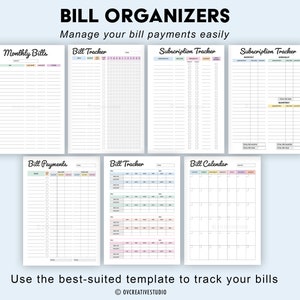 May include: A set of bill organiser templates, including "Monthly Bills" and "Bill Tracker", designed for managing bill payments. The image features the text "BILL ORGANIZERS" and "Manage your bill payments easily" at the top.