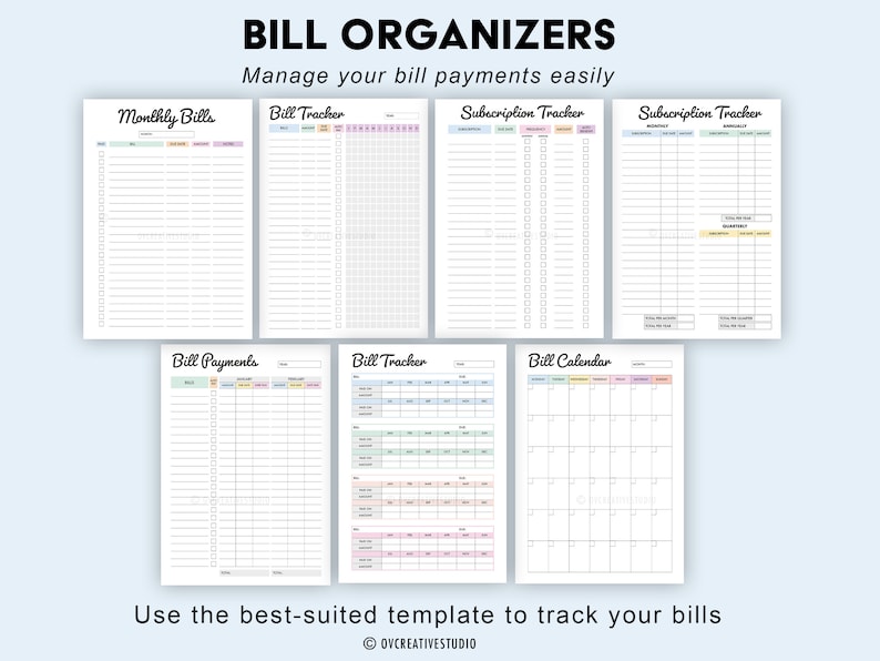 May include: A set of bill organiser templates, including "Monthly Bills" and "Bill Tracker", designed for managing bill payments. The image features the text "BILL ORGANIZERS" and "Manage your bill payments easily" at the top.