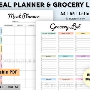 Editable Weekly Meal Planner, Grocery List | Printable, Digital | Meal Prep | Grocery List Template | Health Planner, Fitness | Digital PDF