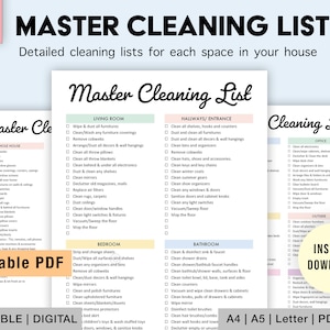 Editable Master Cleaning Checklist | Cleaning Planner | Cleaning Checklist | Cleaning Schedule printable | House Chore List | Digital PDF