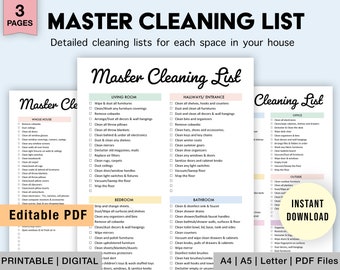 Editable Master Cleaning Checklist | Cleaning Planner | Cleaning Checklist | Cleaning Schedule printable | House Chore List | Digital PDF