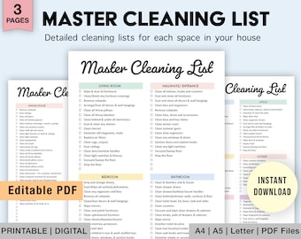 May include: A printable cleaning checklist with a pink, green and yellow colour scheme. The checklist is divided into sections for different rooms in the house, including the whole house, living room, hallways, entrance, bedroom, bathroom, office and outside. Each section includes a list of cleaning tasks with checkboxes.