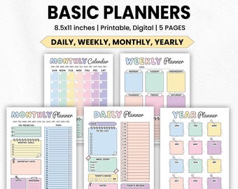 Planificador básico / Diario, semanal, mensual y anual / Imprimible, digital / Lista de tareas, lista de verificación, diario / Pastel arcoíris