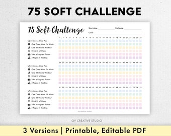 Bearbeitbar 75 Soft Challenge Tracker Bundle | Druckbar, Digital | 75 Tage Challenge Journal | Tracker Regenbogen | Habit Tracker | Abnehmen