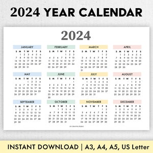 2024 Year Calendar Printable | Year at a Glance | Digital Download | 2024 Annual Calendar | Yearly Planner | Yearly Tracker  | 2024 Calendar
