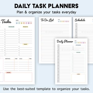 Op de afbeelding: Vier printbare dagelijkse taakplanner-sjablonen met verschillende lay-outs. Elke sjabloon heeft een sectie voor planning, takenlijsten, projecten en notities. De sjablonen zijn ontworpen met een eenvoudige, schone esthetiek en hebben kleurrijke accenten.