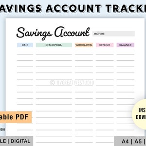 Editable Savings Account | Savings Tracker | Savings Log | Financial Planning | Savings Account Sheet | Money Savings Goal, Personal Savings