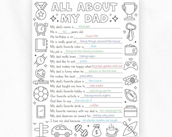Father's Day Printable Template | All About My Dad Questionnaire | Coloring Page | Gifts, Family Keepsakes | Classroom, Homeschool projects