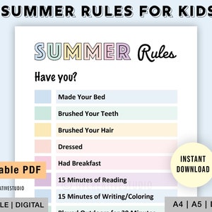 Editable Summer Rules  For Kids | Printable Summer Rules | Summer Routine for Kids | Daily Routine Checklist | Kids Summer Checklist Chart