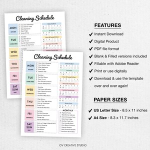 May include: A printable cleaning schedule template with a colorful design. The template includes a daily checklist for different areas of the house, such as the kitchen, living area, bedrooms, bathrooms, entrance, and miscellaneous tasks. The template is available in both blank and filled versions and is printable in US Letter (8.5 x 11 inches) and A4 (8.3 x 11.7 inches) sizes.