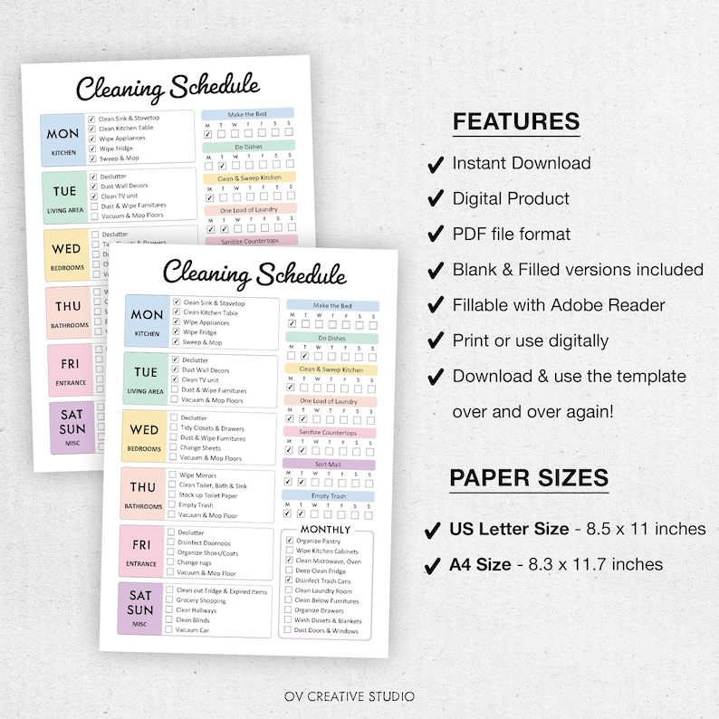 May include: A printable cleaning schedule template with a colorful design. The template includes a daily checklist for different areas of the house, such as the kitchen, living area, bedrooms, bathrooms, entrance, and miscellaneous tasks. The template is available in both blank and filled versions and is printable in US Letter (8.5 x 11 inches) and A4 (8.3 x 11.7 inches) sizes.