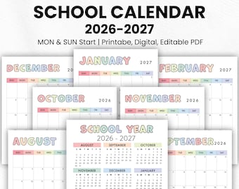 School Calendar Bundle 2026 - 2027 | Printable, Digital | Monthly Planner, Year At A Glance, Academic Yearly Calendar | Editable PDF