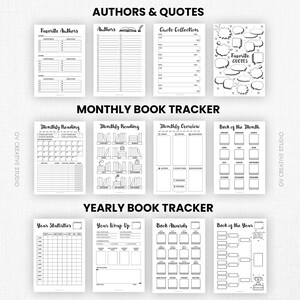 May include: A collection of black and white printable book trackers and quote pages. The pages include sections for favorite authors, quote collections, monthly reading, and yearly book statistics. The text "Authors & Quotes", "Monthly Book Tracker", and "Yearly Book Tracker" are visible.