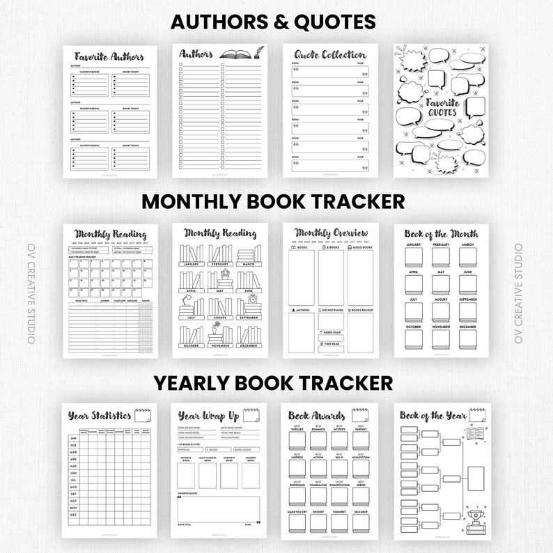 May include: A collection of black and white printable book trackers and quote pages. The pages include sections for favorite authors, quote collections, monthly reading, and yearly book statistics. The text "Authors & Quotes", "Monthly Book Tracker", and "Yearly Book Tracker" are visible.