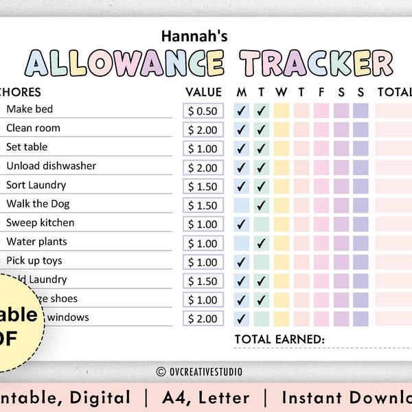 Editable Allowance Tracker Kids | Earn Money Chart | Daily Weekly Allowance Chore Chart | Money Reward Chart | Allowance Chart | PDF