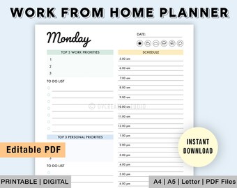 Editable Work From Home Daily Planner | To Do List | Printable Daily Planner | Work Planner | Productivity Planner | Daily Hourly Planner