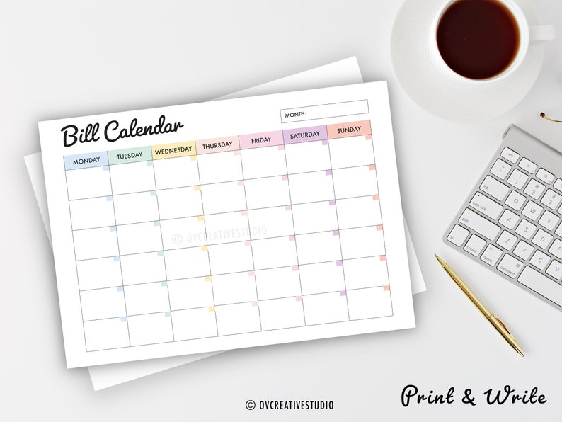 K&ouml;nnte beinhalten: Druckbarer Rechnungs-Kalender mit einem Pastell-Farbschema. Der Kalender hat Platz f&uuml;r jeden Tag der Woche, mit einem separaten Platz f&uuml;r den Monat. Der Text "Bill Calendar" befindet sich oben auf der Seite, und der Text "Print & Write" befindet sich unten auf der Seite.