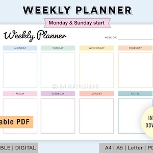 Editable Weekly Planner | Printable, Digital | Weekly Planner PDF | Weekly Organizer | Weekly To Do List Template | Weekly Plan | Week Plan