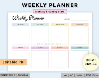 Editable Weekly Planner | Printable, Digital | Weekly Planner PDF | Weekly Organizer | Weekly To Do List Template | Weekly Plan | Week Plan