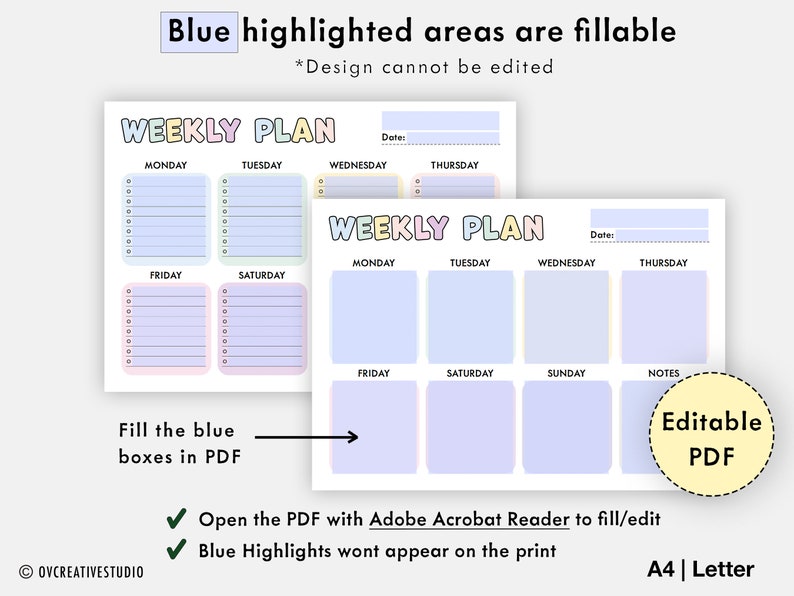 Puede incluir: Plantilla de planificador semanal editable con colores pastel. El planificador tiene secciones para del lunes al domingo, con espacio para notas. Las &aacute;reas resaltadas en azul son rellenables.