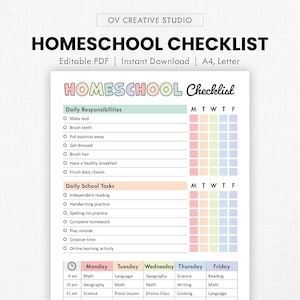 Editable Homeschool Checklist | Printable, Digital | Homeschool Planner, Daily Schedule for Kids, Schoolday Routine, Student Template | PDF