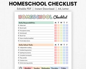 Editable Homeschool Checklist | Printable, Digital | Homeschool Planner, Daily Schedule for Kids, Schoolday Routine, Student Template | PDF