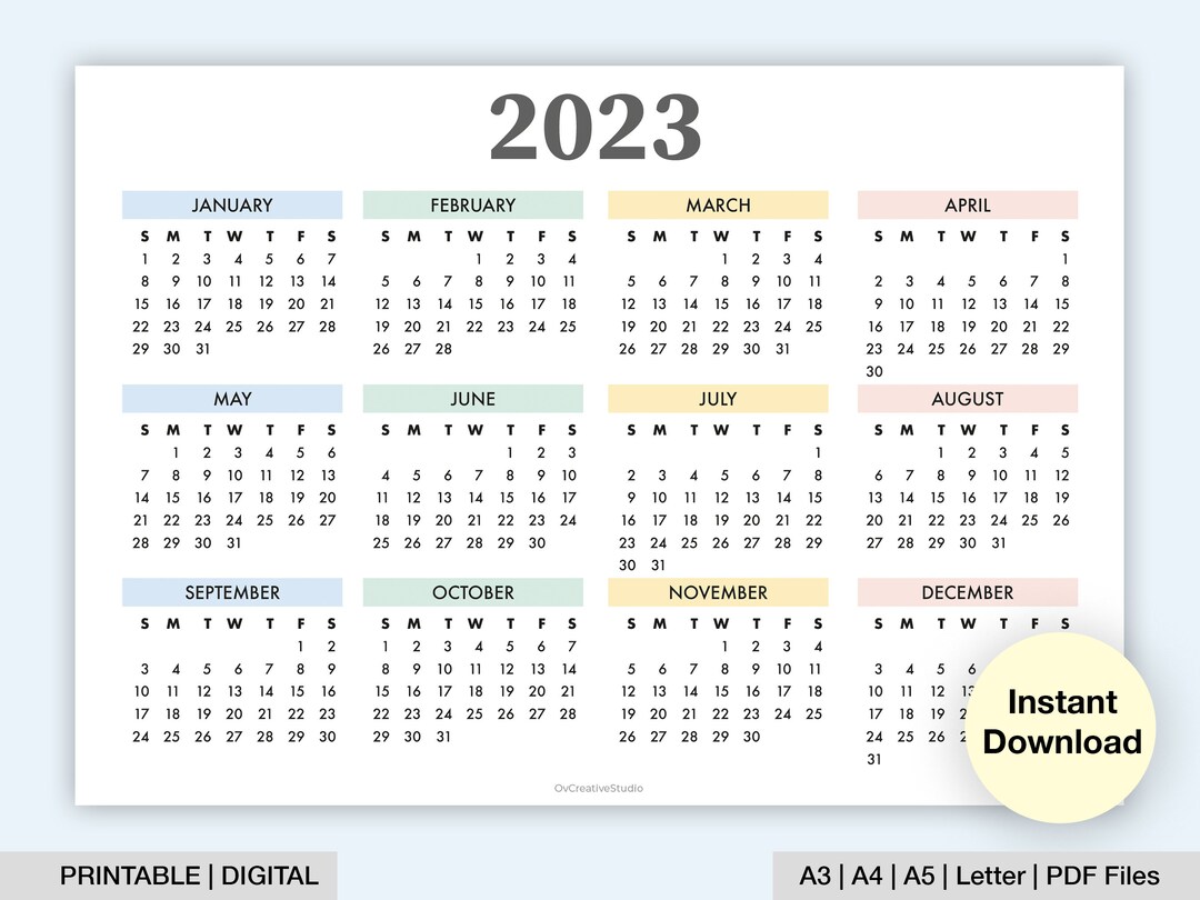 2023 Year Calendar Printable Year at a Glance Digital - Etsy Portugal