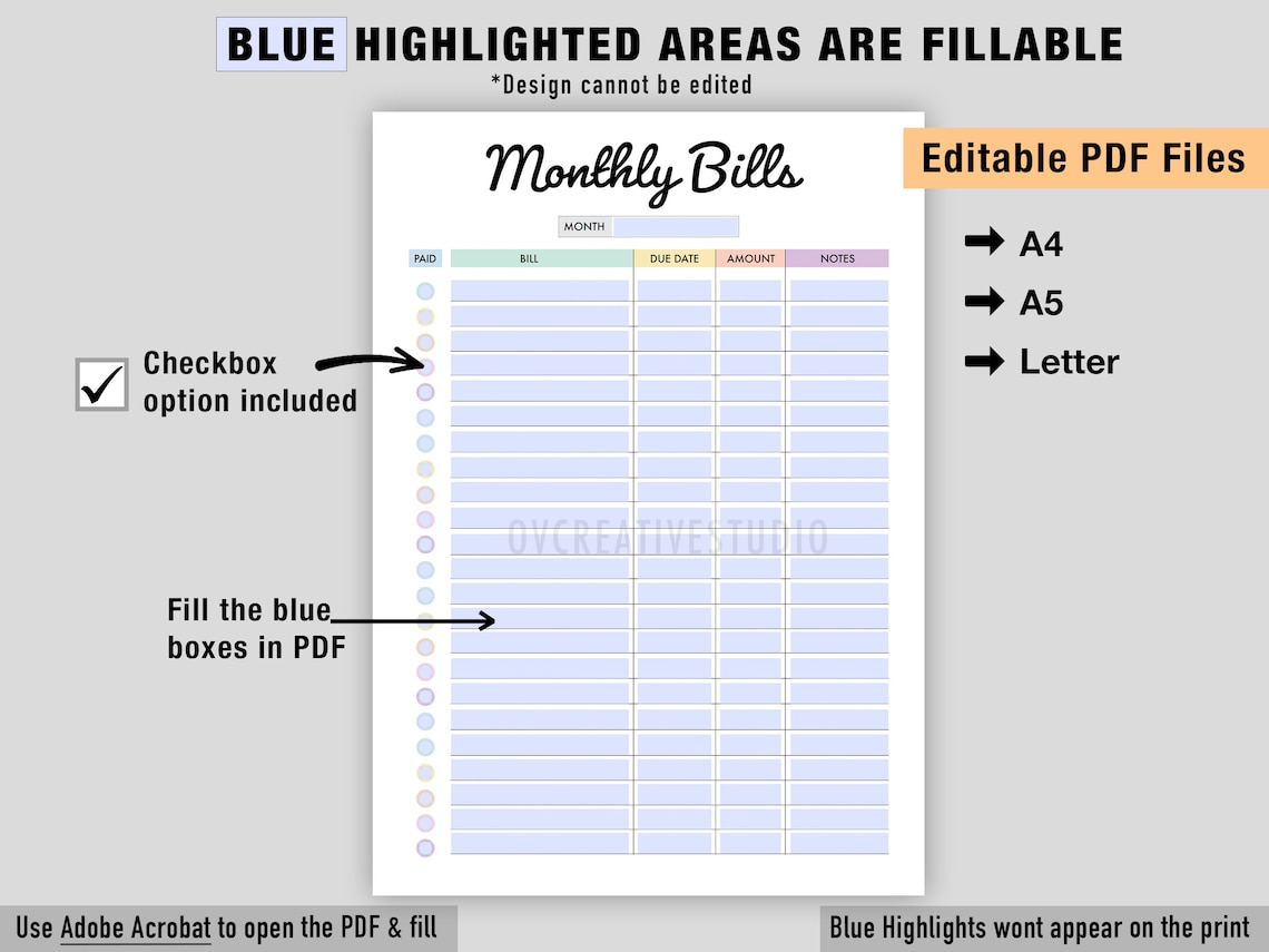 Editable Monthly Bill Tracker | Bill Planner | Monthly Bill Log | Bill ...